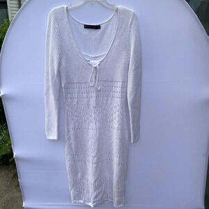 Fashion to Figure White Cotton Beachy Crochet Long Sleeve Fully Lined Midi Dress